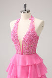 Hot Pink A Line Halter Tiered Corset Mini Dress with Ruffles