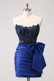 Sparkly Navy Strapless Beaded Appliques Tight Mini Dress