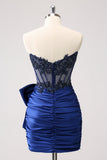 Sparkly Navy Strapless Beaded Appliques Tight Mini Dress