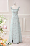 Grey Green Sheath Floral Print Floor Length Dress with Slit