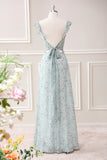 Grey Green Sheath Floral Print Floor Length Dress with Slit