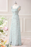 Grey Green Sheath Floral Print Floor Length Dress with Slit