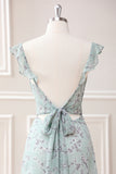 Grey Green Sheath Floral Print Floor Length Dress with Slit