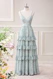 Grey Green Spaghetti Straps Floor Length Dress with Ruffles