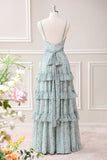 Grey Green Spaghetti Straps Floor Length Dress with Ruffles