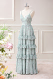 Grey Green Spaghetti Straps Floor Length Dress with Ruffles