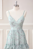 Grey Green Spaghetti Straps Floor Length Dress with Ruffles