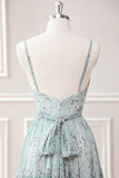 Grey Green Spaghetti Straps Floor Length Dress with Ruffles