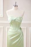 Green Sheath Corset Strapless Floor Length Dress with Slit