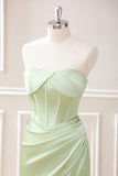 Green Sheath Corset Strapless Floor Length Dress with Slit