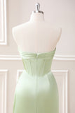 Green Sheath Corset Strapless Maxi Dress with Slit