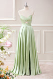 Green A Line Pleated Strapless Keyhole Floor Length Dress with Slit