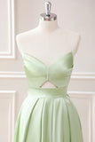 Green A Line Pleated Strapless Keyhole Floor Length Dress with Slit