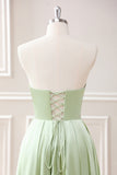 Green A Line Pleated Strapless Keyhole Floor Length Dress with Slit