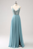 Grey Green A Line Chiffon Ruffle Sequined Backless Maxi Dress with Slit