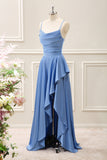 Blue A Line Ruffled Cowl Neck Asymmetrical Dress