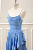 Blue A Line Ruffled Cowl Neck Asymmetrical Dress