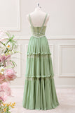 A Line Green V Neck Ruffled Tiered Lace Maxi Dress