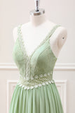 A Line Green V Neck Ruffled Tiered Lace Maxi Dress