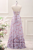 Grey Purple Ruffled A Line Halter Floral Corset Maxi Dress