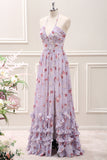 Grey Purple Ruffled A Line Halter Floral Corset Maxi Dress