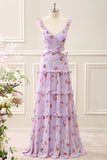 Grey Purple A Line Ruffled Cut Out Floral Floor Length Dress