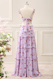 Grey Purple A Line Ruffled Cut Out Floral Floor Length Dress