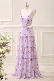 Grey Purple A Line Ruffled Cut Out Floral Floor Length Dress