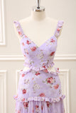 Grey Purple A Line Ruffled Cut Out Floral Floor Length Dress