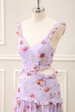 Grey Purple A Line Ruffled Cut Out Floral Floor Length Dress