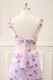 Grey Purple A Line Ruffled Cut Out Floral Floor Length Dress