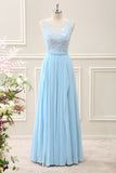 A Line Sky Blue Round Neck Chiffon Ruffled Floor Length Dress with Appliques