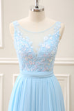 A Line Sky Blue Round Neck Chiffon Ruffled Maxi Dress with Appliques