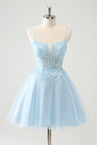 Cute Glitter Blue A Line Beaded Corset Tulle Mini Dress with Appliques