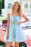 Cute Blue Floral A Line Tulle Beaded Corset Mini Dress with Appliques