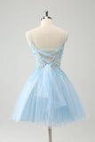 Cute Blue Floral A Line Tulle Beaded Corset Mini Dress with Appliques