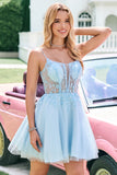 Cute Blue Floral A Line Tulle Beaded Corset Mini Dress with Appliques