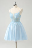 Cute Glitter Blue A Line Beaded Corset Tulle Mini Dress with Appliques