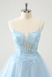 Cute Glitter Blue A Line Beaded Corset Tulle Mini Dress with Appliques