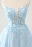 Cute Glitter Blue A Line Beaded Corset Tulle Mini Dress with Appliques