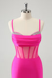 Glitter Fuchsia Spaghetti Straps Tight Corset Mini Dress with Beading