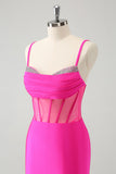 Glitter Fuchsia Spaghetti Straps Tight Corset Mini Dress with Beading