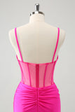 Glitter Fuchsia Spaghetti Straps Tight Corset Mini Dress with Beading