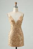 Unique Sparkly Golden Tight Spaghetti Strap Mini Dress with Sequins