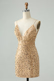 Unique Sparkly Golden Tight Spaghetti Strap Mini Dress with Sequins