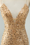 Unique Sparkly Golden Tight Spaghetti Strap Mini Dress with Sequins