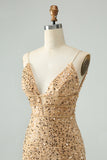 Unique Sparkly Golden Tight Spaghetti Strap Mini Dress with Sequins