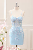 Sparkly Blue Embroidered Sequins Halter Corset Satin Tight Mini Dress