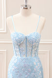 Sparkly Blue Embroidered Sequins Halter Corset Satin Tight Mini Dress