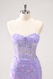 Sparkly Blue Embroidered Sequins Halter Corset Satin Tight Mini Dress